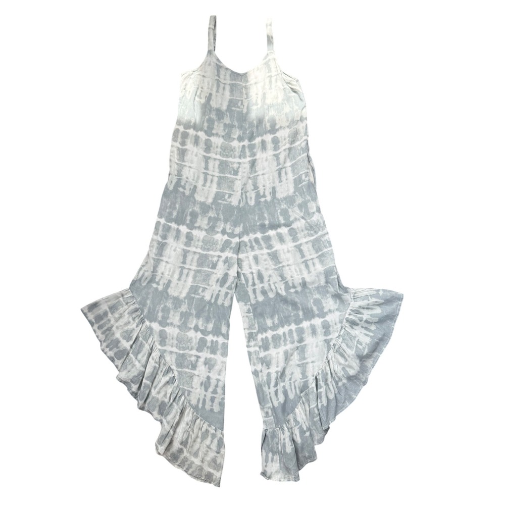 A1‎ Japna Jumpsuit Tie Dye Ruffle Hem Wide Leg Boho Coastal Grey White XS